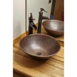 Premier Copper Products Round Wired Rimmed Hammered Copper Vessel Sink in Oil Rubbed Bronze