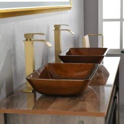 Interbath Russet Glass Rectangular Vessel Bathroom Sink Set in brown and amber Fusion Finish with Faucet and gold Pop Up Drain -Bathroom Sinks Sales russet interbath vessel sinks itb114zg04 4f 1000