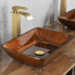 Interbath Russet Glass Rectangular Vessel Bathroom Sink Set in brown and amber Fusion Finish with Faucet and gold Pop Up Drain -Bathroom Sinks Sales russet interbath vessel sinks itb114zg04 c3 1000