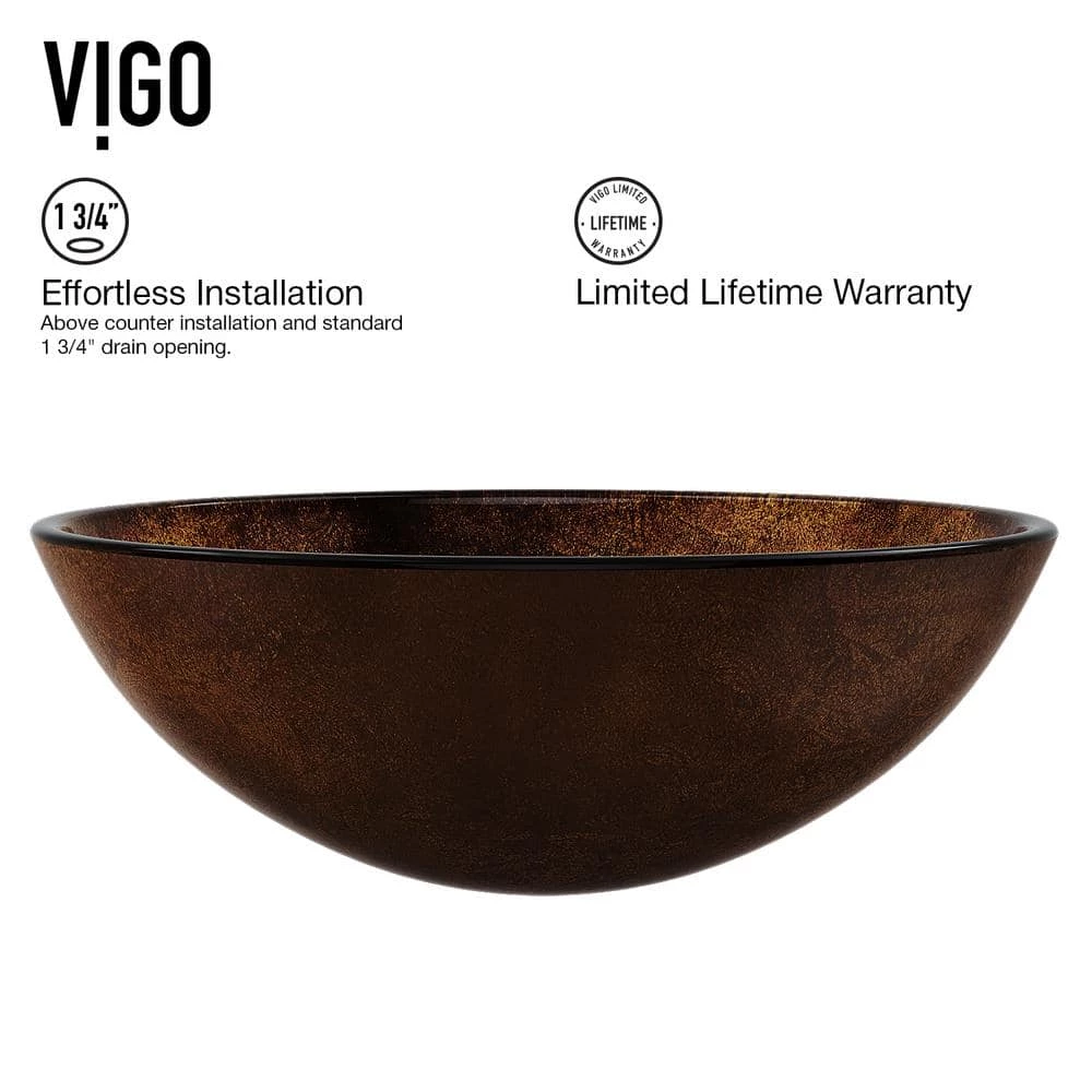 VIGO Glass Round Vessel Bathroom Sink in Russet Brown with Niko Faucet and Pop-Up Drain in Antique Rubbed Bronze 7 VIGO Glass Round Vessel Bathroom Sink in Russet Brown with Niko Faucet and Pop-Up Drain in Antique Rubbed Bronze - Image 5