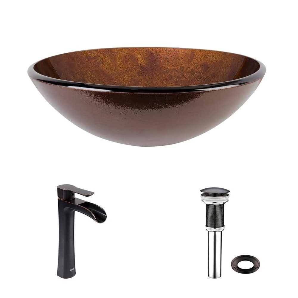VIGO Glass Round Vessel Bathroom Sink in Russet Brown with Niko Faucet and Pop-Up Drain in Antique Rubbed Bronze 16 VIGO Glass Round Vessel Bathroom Sink in Russet Brown with Niko Faucet and Pop-Up Drain in Antique Rubbed Bronze - Image 14