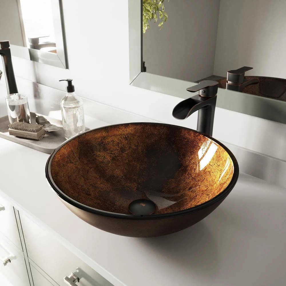 VIGO Glass Round Vessel Bathroom Sink in Russet Brown with Niko Faucet and Pop-Up Drain in Antique Rubbed Bronze 3 VIGO Glass Round Vessel Bathroom Sink in Russet Brown with Niko Faucet and Pop-Up Drain in Antique Rubbed Bronze