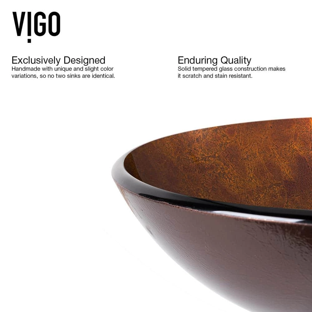 VIGO Glass Round Vessel Bathroom Sink in Russet Brown with Niko Faucet and Pop-Up Drain in Antique Rubbed Bronze 9 VIGO Glass Round Vessel Bathroom Sink in Russet Brown with Niko Faucet and Pop-Up Drain in Antique Rubbed Bronze - Image 7