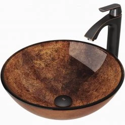 VIGO Glass Round Vessel Bathroom Sink in Russet Brown with Linus Faucet and Pop-Up Drain in Antique Rubbed Bronze -Bathroom Sinks Sales russet vigo vessel sinks vgt504 40 1000