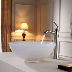 KRAUS Soft Round Ceramic Vessel Bathroom Sink in White with Pop Up Drain in Satin Nickel -Bathroom Sinks Sales satin nickel kraus vessel sinks kcv 141 sn 1d 1000