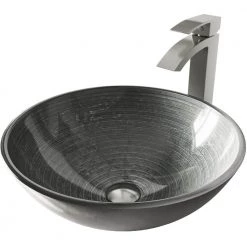 VIGO Glass Round Vessel Bathroom Sink in Silver with Duris Faucet and Pop-Up Drain in Brushed Nickel -Bathroom Sinks Sales silver vigo vessel sinks vgt603 40 1000