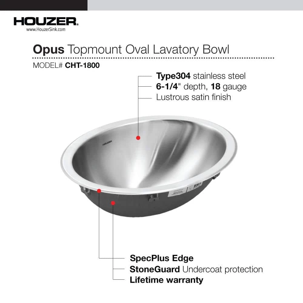 HOUZER Opus Series 13.6 in. Top Mount Single Bowl Lavatory Sink in Stainless Steel 5 HOUZER Opus Series 13.6 in. Top Mount Single Bowl Lavatory Sink in Stainless Steel - Image 3