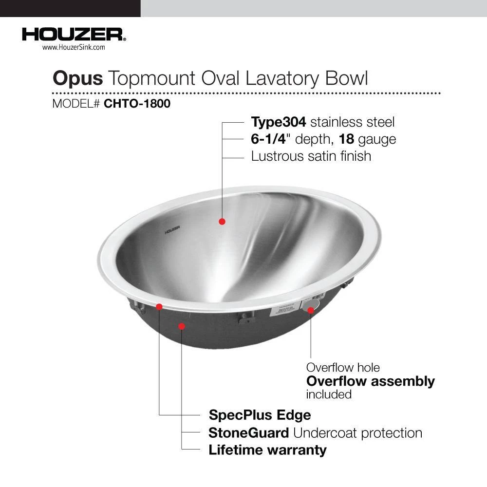 HOUZER Opus Series 13.6 in. Top Mount Single Bowl Lavatory Sink with Overflow in Stainless Steel 5 HOUZER Opus Series 13.6 in. Top Mount Single Bowl Lavatory Sink with Overflow in Stainless Steel - Image 3