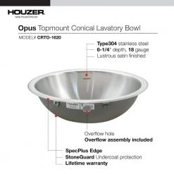 HOUZER Opus Series 16.8 in. Conical Top Mount Single Bowl Lavatory Sink with Overflow in Stainless Steel -Bathroom Sinks Sales stainless steel houzer drop in bathroom sinks crto 1620 1 4f 1000