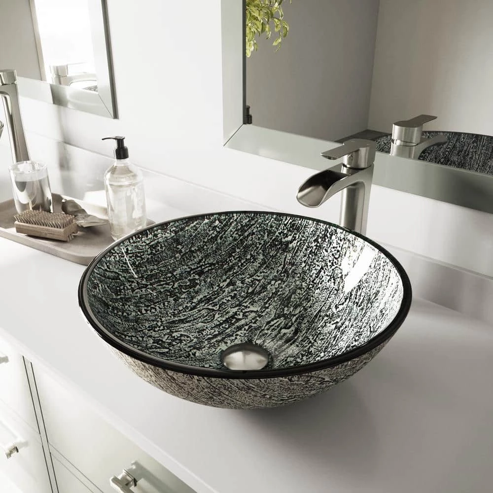 VIGO Glass Round Vessel Bathroom Sink in Titanium Gray 5 VIGO Glass Round Vessel Bathroom Sink in Titanium Gray - Image 3