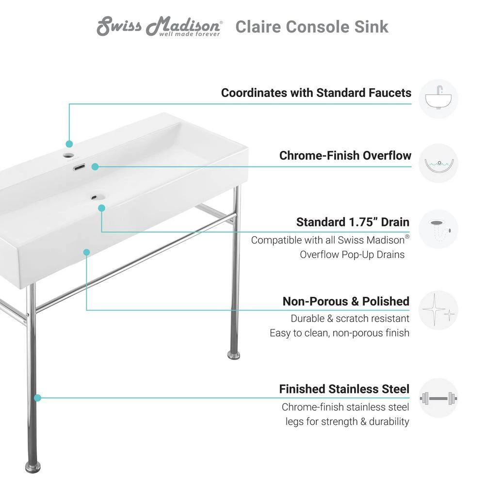 Swiss Madison Claire 40 in. Ceramic Console Sink White Basin Chrome Legs 9 Swiss Madison Claire 40 in. Ceramic Console Sink White Basin Chrome Legs - Image 7
