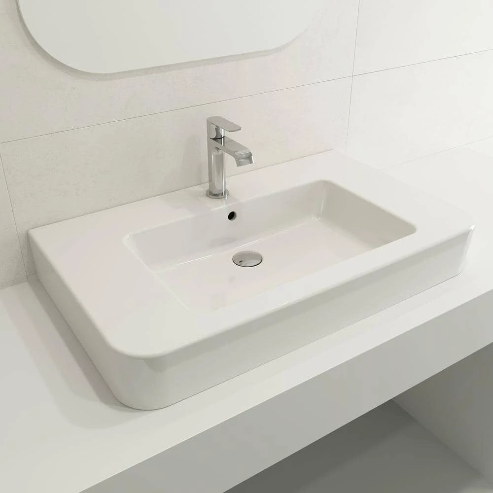 BOCCHI Parma Wall-Mounted White Fireclay Bathroom Sink 33.5 in. 1-Hole with Overflow 8 BOCCHI Parma Wall-Mounted White Fireclay Bathroom Sink 33.5 in. 1-Hole with Overflow - Image 6