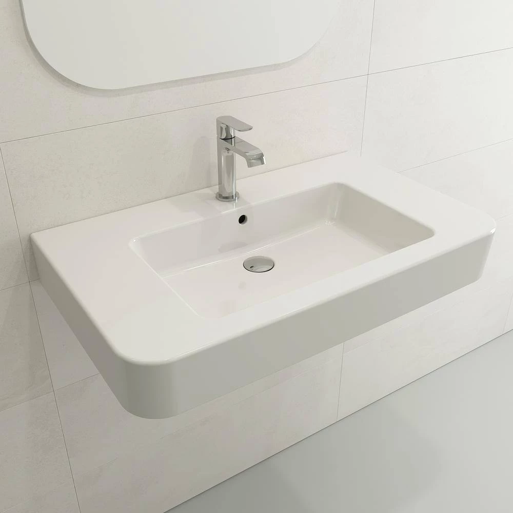 BOCCHI Parma Wall-Mounted White Fireclay Bathroom Sink 33.5 in. 1-Hole with Overflow 7 BOCCHI Parma Wall-Mounted White Fireclay Bathroom Sink 33.5 in. 1-Hole with Overflow - Image 5