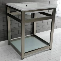 Kingston Brass 25 in. Ceramic Console Sink (4 in. in 3-Hole) with Stainless Steel Base in Brushed Nickel -Bathroom Sinks Sales white brushed nickel kingston brass console sinks hvwp2522w4b8 31 1000