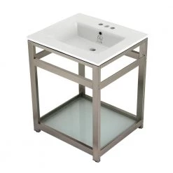 Kingston Brass 25 in. Ceramic Console Sink (4 in. in 3-Hole) with Stainless Steel Base in Brushed Nickel
