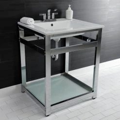 Kingston Brass 25 in. Ceramic Console Sink (4 in. in 3-Hole) with Stainless Steel Base in Chrome -Bathroom Sinks Sales white chrome kingston brass console sinks hvwp2522w4b1 1f 1000