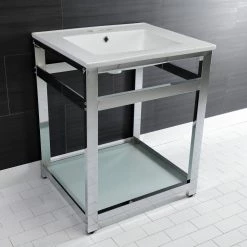 Kingston Brass 25 in. Ceramic Console Sink (4 in. in 3-Hole) with Stainless Steel Base in Chrome -Bathroom Sinks Sales white chrome kingston brass console sinks hvwp2522w4b1 31 1000