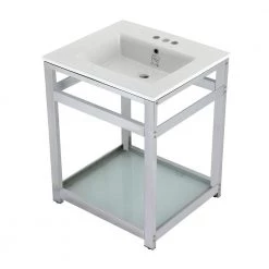 Kingston Brass 25 in. Ceramic Console Sink (4 in. in 3-Hole) with Stainless Steel Base in Chrome