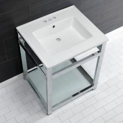 Kingston Brass 25 in. Ceramic Console Sink (4 in. in 3-Hole) with Stainless Steel Base in Chrome -Bathroom Sinks Sales white chrome kingston brass console sinks hvwp2522w4b1 76 1000