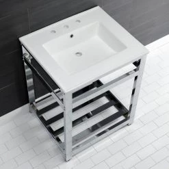 Kingston Brass 25 in. Ceramic Console Sink (8 in. in 3-Hole) with Stainless Steel Base in Chrome -Bathroom Sinks Sales white chrome kingston brass console sinks hvwp2522w8a1 76 1000