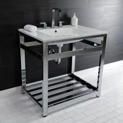 Kingston Brass 31 in. Ceramic Console Sink (8 in. in 3-Hole) with Stainless Steel Base in Chrome -Bathroom Sinks Sales white chrome kingston brass console sinks hvwp3122w8a1 1f 1000