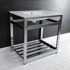 Kingston Brass 31 in. Ceramic Console Sink (8 in. in 3-Hole) with Stainless Steel Base in Chrome -Bathroom Sinks Sales white chrome kingston brass console sinks hvwp3122w8a1 31 1000