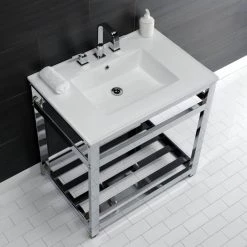 Kingston Brass 31 in. Ceramic Console Sink (8 in. in 3-Hole) with Stainless Steel Base in Chrome -Bathroom Sinks Sales white chrome kingston brass console sinks hvwp3122w8a1 4f 1000