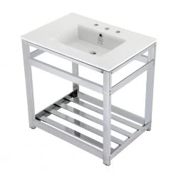 Kingston Brass 31 in. Ceramic Console Sink (8 in. in 3-Hole) with Stainless Steel Base in Chrome