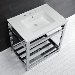 Kingston Brass 31 in. Ceramic Console Sink (8 in. in 3-Hole) with Stainless Steel Base in Chrome -Bathroom Sinks Sales white chrome kingston brass console sinks hvwp3122w8a1 76 1000