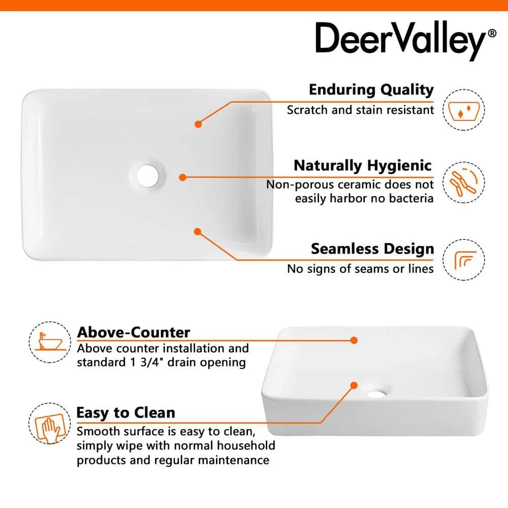 DEERVALLEY Classic Ceramic Rectangular Vessel Sink in White 10 DEERVALLEY Classic Ceramic Rectangular Vessel Sink in White - Image 8