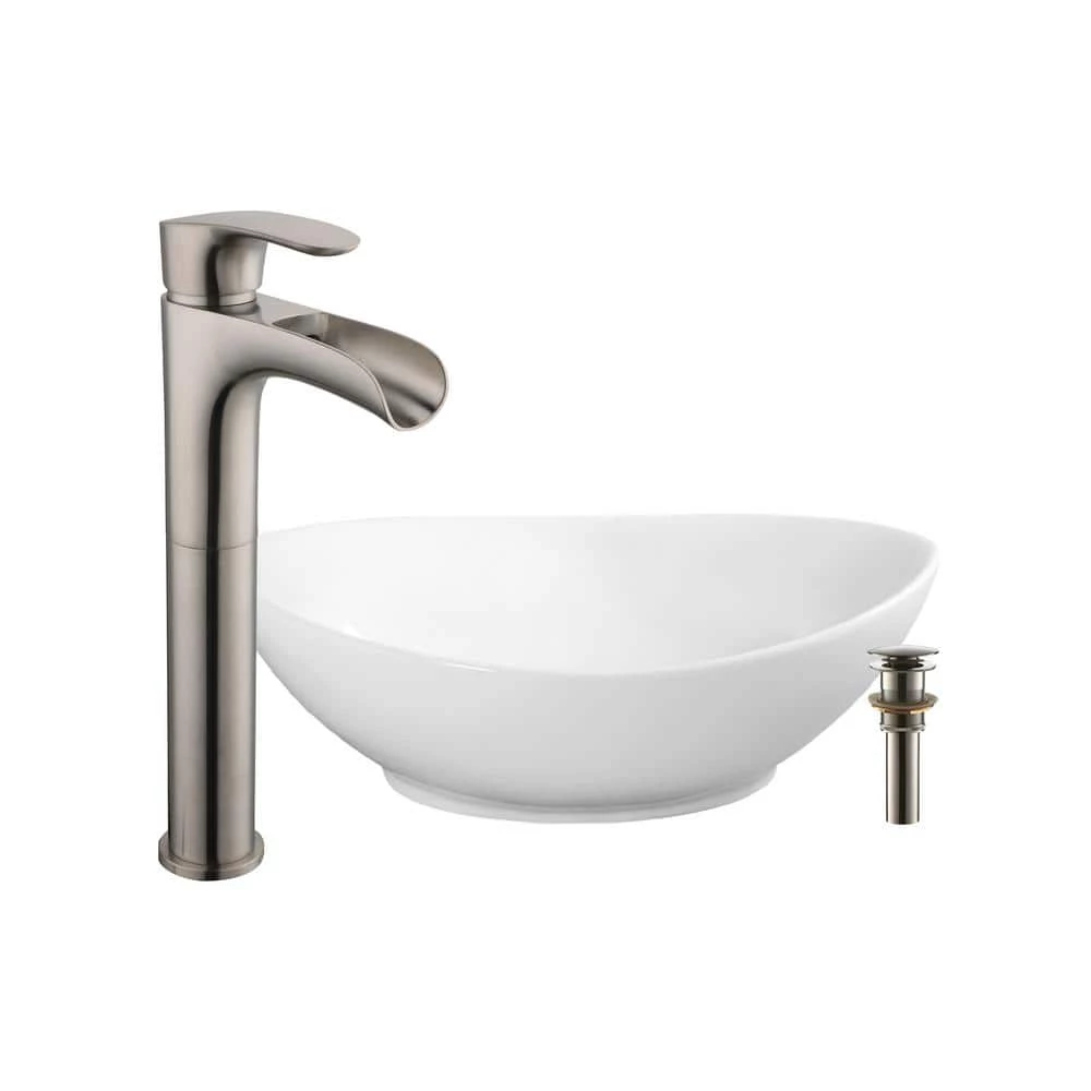 IPT Sink Company 22-5/8 in. x 15 in. Oval Bathroom Ceramic Vessel Sink with Waterfall Faucet in Brushed Nickel 3 IPT Sink Company 22-5/8 in. x 15 in. Oval Bathroom Ceramic Vessel Sink with Waterfall Faucet in Brushed Nickel