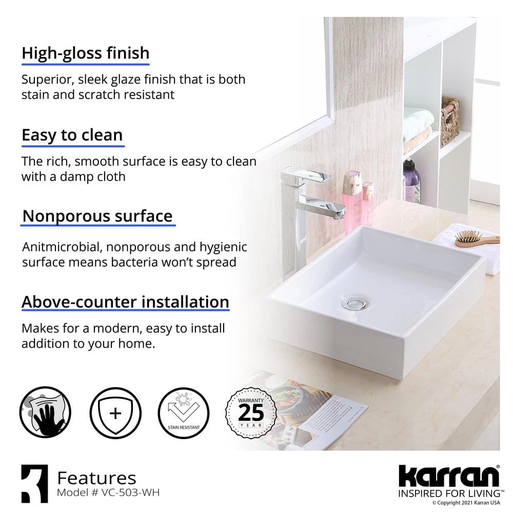 Karran VC-503-WH Valera 16 in. Vitreous China Vessel Bathroom Sink in White 7 Karran VC-503-WH Valera 16 in. Vitreous China Vessel Bathroom Sink in White - Image 5