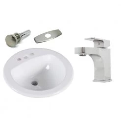 Kingsman Hardware 19 in. Round Top Mount / Self Rimming / Drop in Ceramic Sink with Brushed Nickel Bathroom Faucet /Pop-up Drain Combo