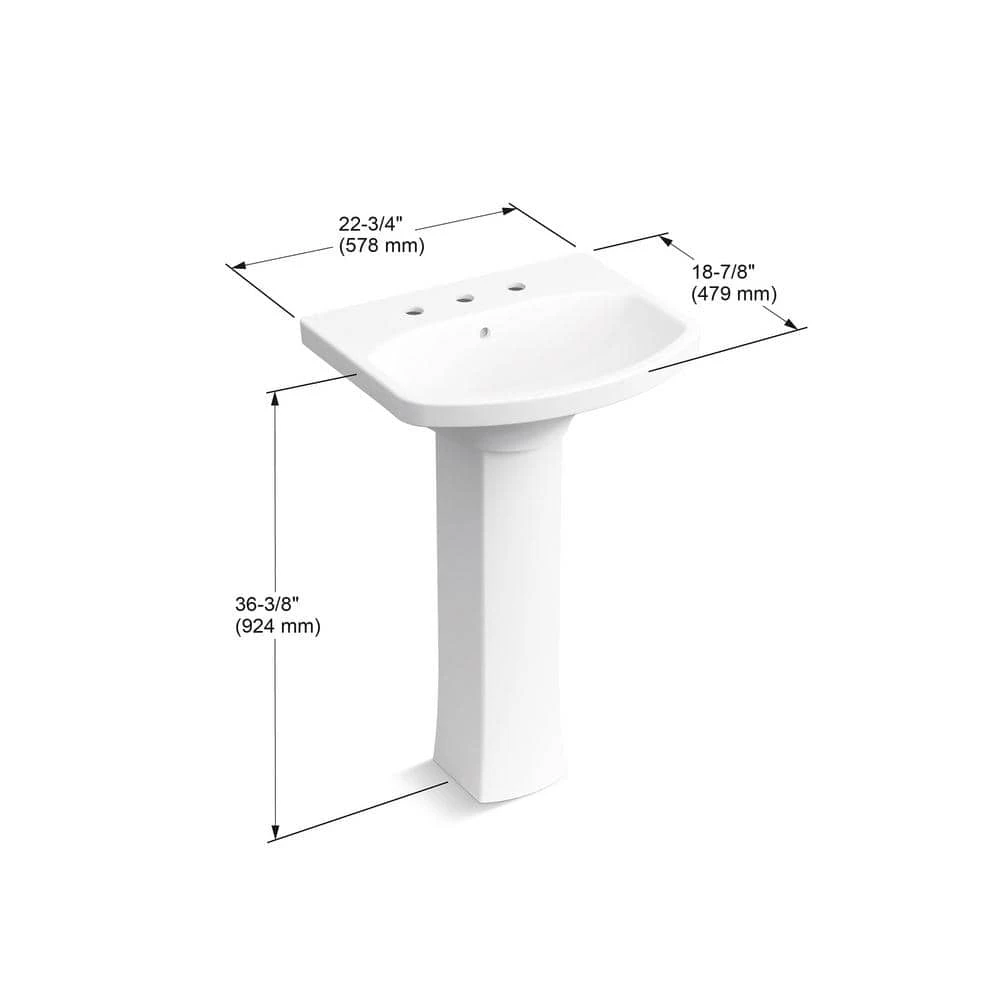 KOHLER Elmbrook 24 in. Pedestal Sink in White with 8 in. Widespread Faucet Holes 7 KOHLER Elmbrook 24 in. Pedestal Sink in White with 8 in. Widespread Faucet Holes - Image 5