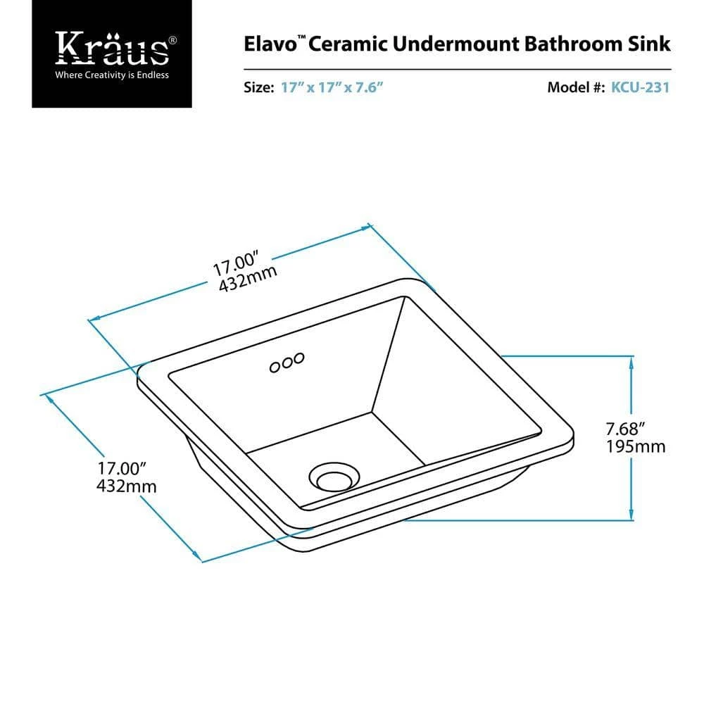 KRAUS Elavo Square Ceramic Undermount Bathroom Sink in White with Overflow 14 KRAUS Elavo Square Ceramic Undermount Bathroom Sink in White with Overflow - Image 12