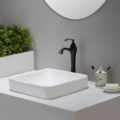 KRAUS Elavo Series Square Ceramic Semi-Recessed Bathroom Sink in White with Overflow -Bathroom Sinks Sales white kraus vessel sinks kcr 281 d4 1000