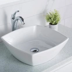 KRAUS Elavo Flared Square Ceramic Vessel Bathroom Sink in White -Bathroom Sinks Sales white kraus vessel sinks kcv 126 a0 1000