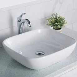 KRAUS Elavo Soft Square Ceramic Vessel Bathroom Sink in White -Bathroom Sinks Sales white kraus vessel sinks kcv 127 a0 1000