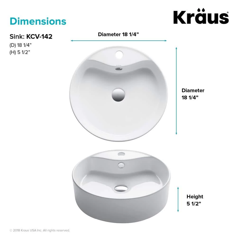 KRAUS Round Ceramic Vessel Bathroom Sink with Overflow in White 7 KRAUS Round Ceramic Vessel Bathroom Sink with Overflow in White - Image 5