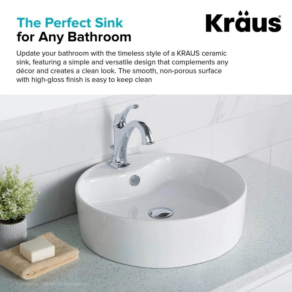 KRAUS Round Ceramic Vessel Bathroom Sink with Overflow in White 8 KRAUS Round Ceramic Vessel Bathroom Sink with Overflow in White - Image 6