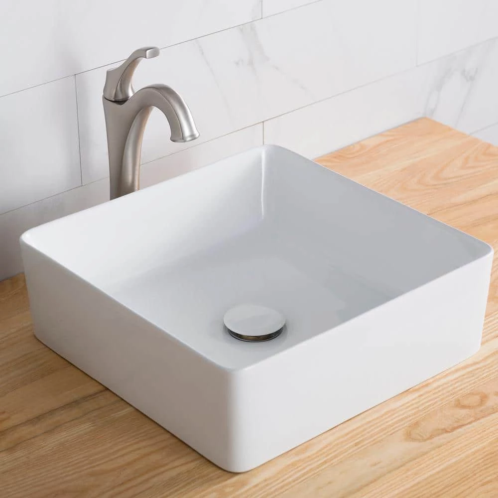 KRAUS Viva 15-5/8 in. Square Porcelain Ceramic Vessel Sink in White 4 KRAUS Viva 15-5/8 in. Square Porcelain Ceramic Vessel Sink in White - Image 2
