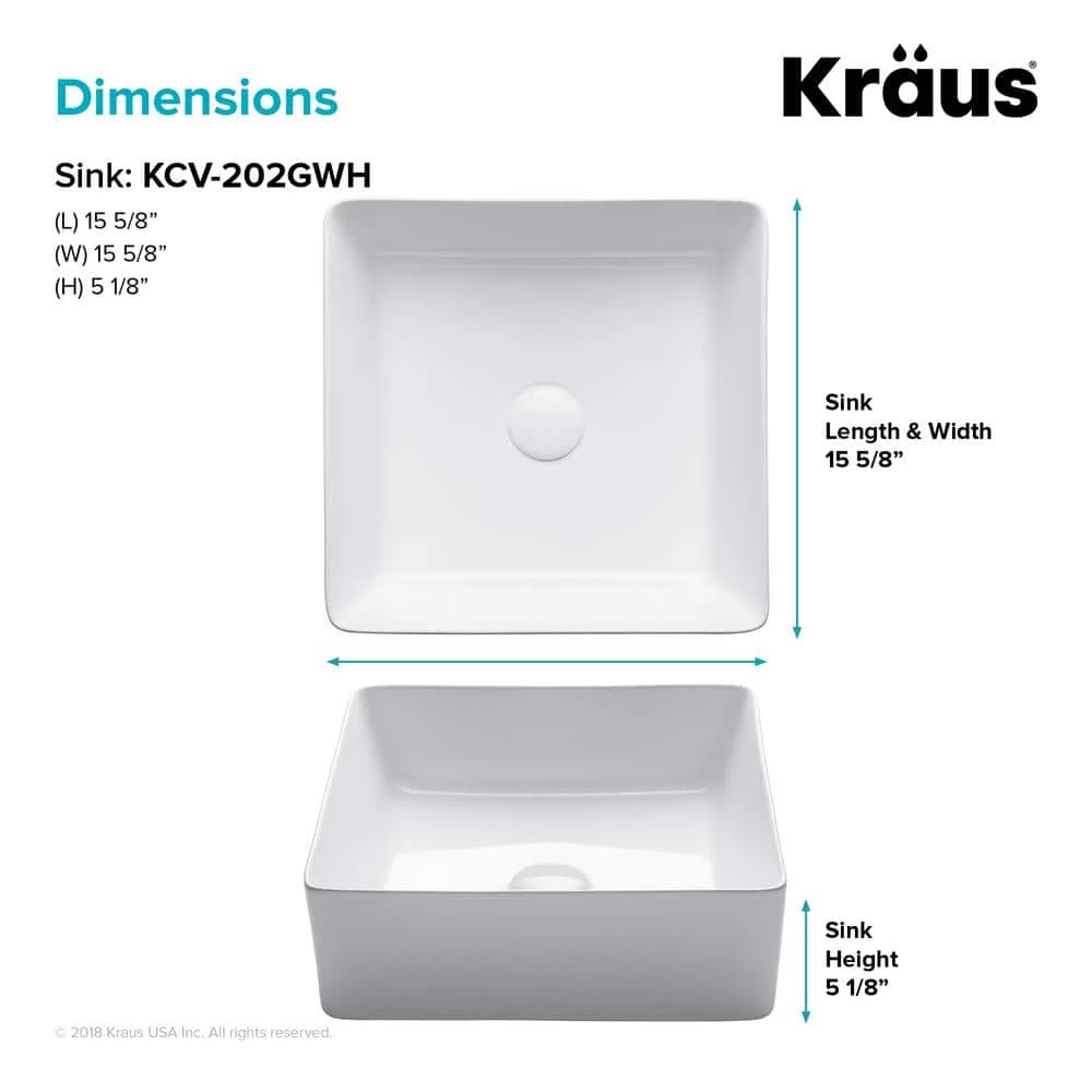 KRAUS Viva 15-5/8 in. Square Porcelain Ceramic Vessel Sink in White 7 KRAUS Viva 15-5/8 in. Square Porcelain Ceramic Vessel Sink in White - Image 5