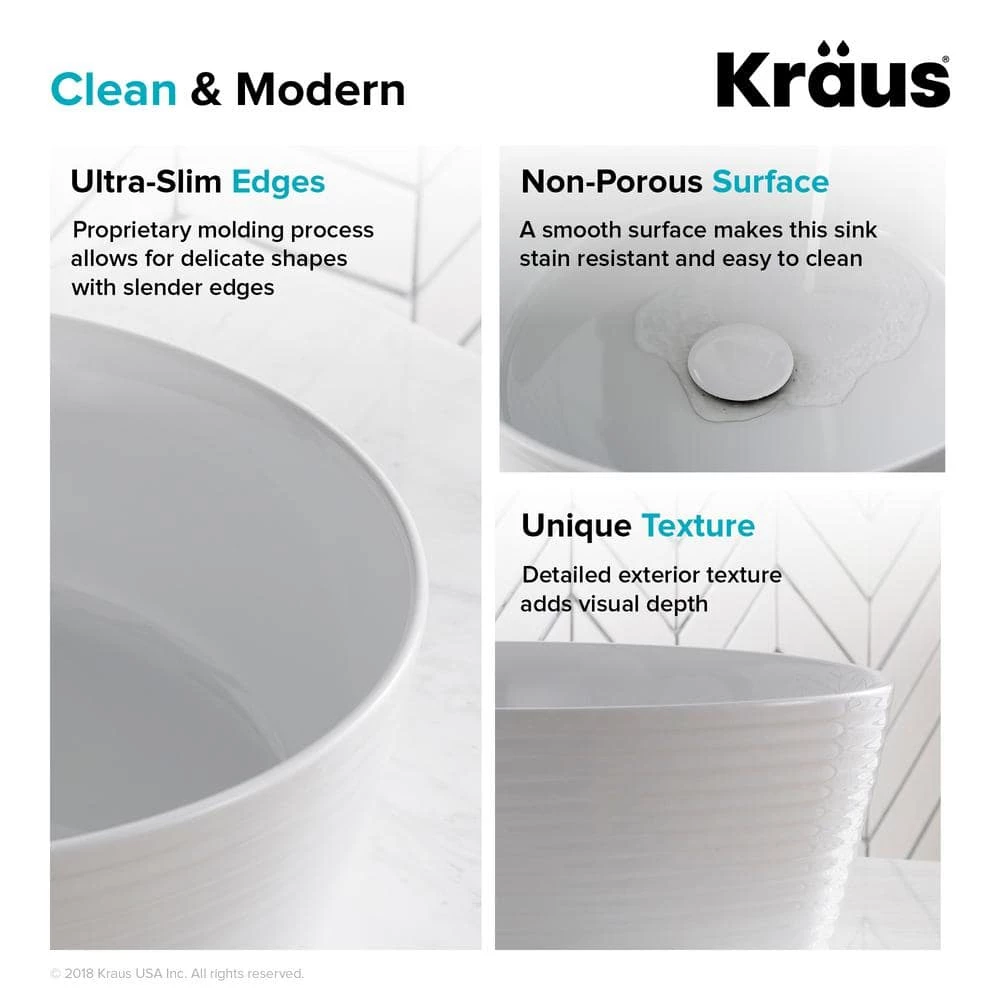 KRAUS Viva 15-3/4 in. Round Porcelain Ceramic Vessel Sink in White 8 KRAUS Viva 15-3/4 in. Round Porcelain Ceramic Vessel Sink in White - Image 6