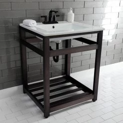 Kingston Brass 25 in. Ceramic Console Sink (4 in. in 3-Hole) with Stainless Steel Base in Oil Rubbed Bronze -Bathroom Sinks Sales white oil rubbed bronze kingston brass console sinks hvwp2522w4a5 1f 1000