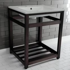 Kingston Brass 25 in. Ceramic Console Sink (4 in. in 3-Hole) with Stainless Steel Base in Oil Rubbed Bronze -Bathroom Sinks Sales white oil rubbed bronze kingston brass console sinks hvwp2522w4a5 31 1000