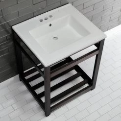 Kingston Brass 25 in. Ceramic Console Sink (4 in. in 3-Hole) with Stainless Steel Base in Oil Rubbed Bronze -Bathroom Sinks Sales white oil rubbed bronze kingston brass console sinks hvwp2522w4a5 76 1000