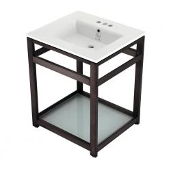 Kingston Brass 25 in. Ceramic Console Sink (4 in. in 3-Hole) with Stainless Steel Base in Oil Rubbed Bronze
