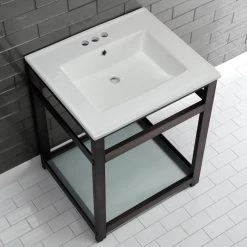 Kingston Brass 25 in. Ceramic Console Sink (4 in. in 3-Hole) with Stainless Steel Base in Oil Rubbed Bronze -Bathroom Sinks Sales white oil rubbed bronze kingston brass console sinks hvwp2522w4b5 76 1000