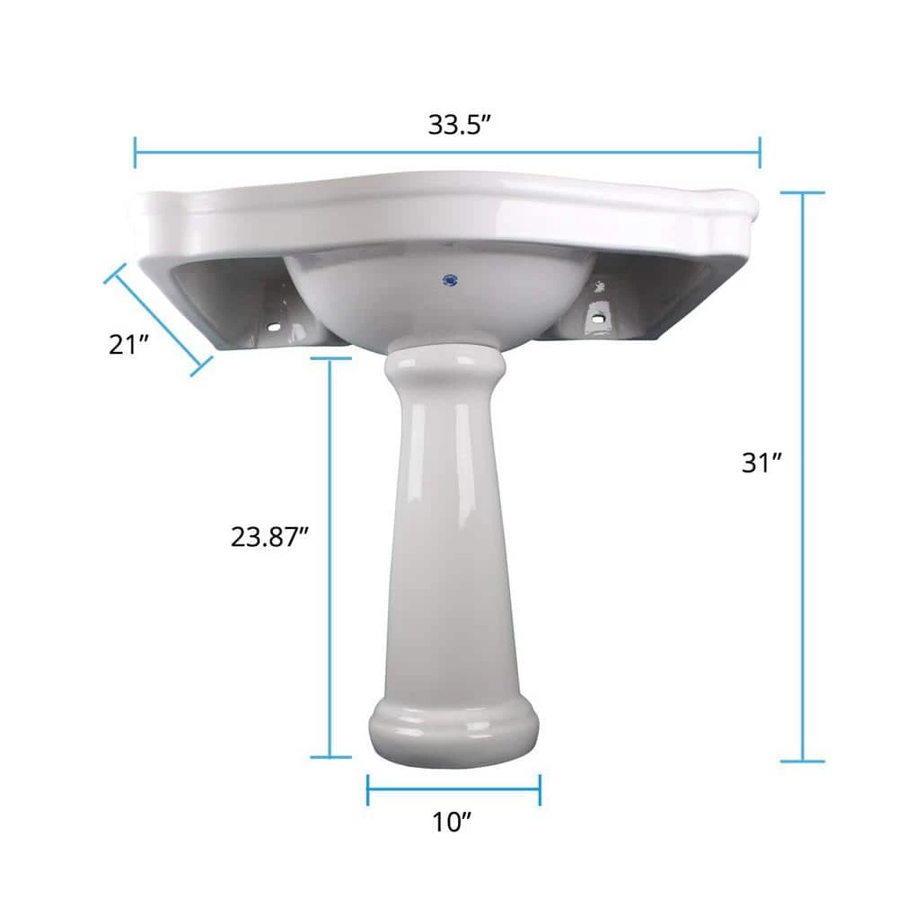 RENOVATORS SUPPLY MANUFACTURING Darbyshire 33-1/2 in. Pedestal Combo Bathroom Sink in White with Overflow 9 RENOVATORS SUPPLY MANUFACTURING Darbyshire 33-1/2 in. Pedestal Combo Bathroom Sink in White with Overflow - Image 7