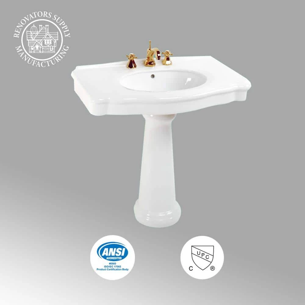 RENOVATORS SUPPLY MANUFACTURING Darbyshire 33-1/2 in. Pedestal Combo Bathroom Sink in White with Overflow 8 RENOVATORS SUPPLY MANUFACTURING Darbyshire 33-1/2 in. Pedestal Combo Bathroom Sink in White with Overflow - Image 6
